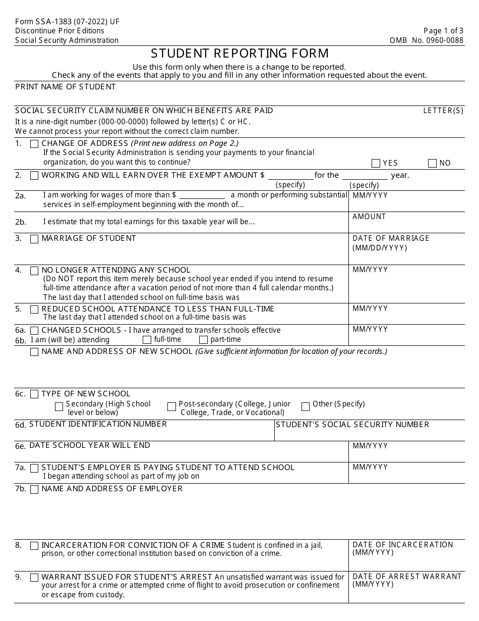 Form SSA-1383 Student Reporting Form, Page 1