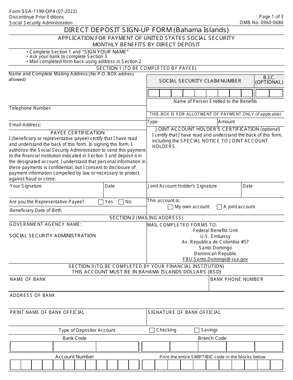 Form SSA-1199-OP4 Direct Deposit Sign-Up Form (Bahama Islands), Page 1