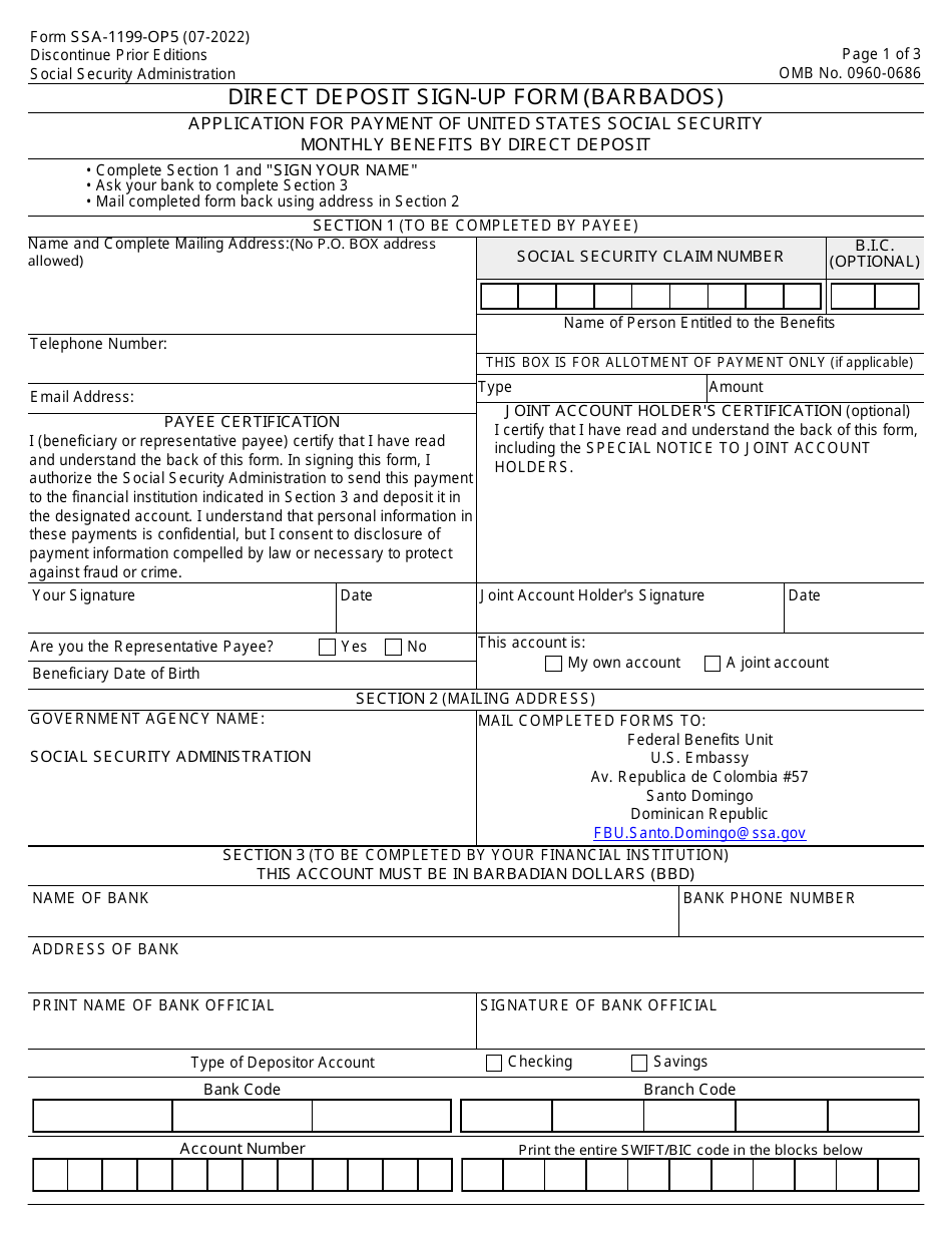 Form Ssa-1199-op5 Download Fillable Pdf Or Fill Online Direct Deposit 