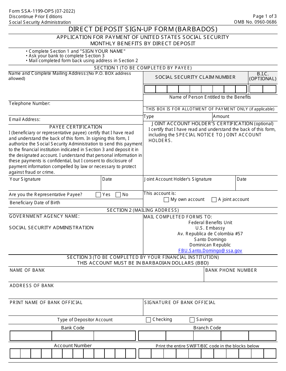 Form SSA-1199-OP5 Direct Deposit Sign-Up Form (Barbados), Page 1
