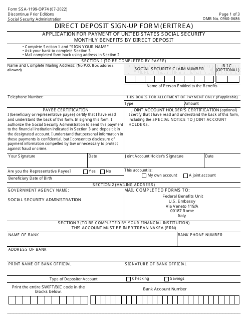 Form SSA-1199-OP74 Direct Deposit Sign-Up Form (Eritrea)