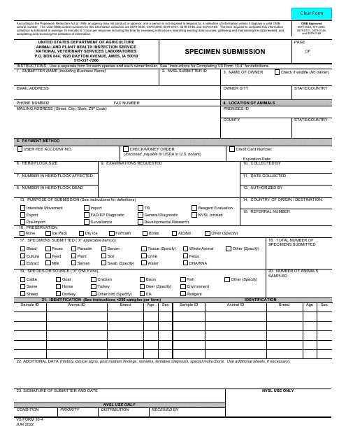 VS Form 10-4 Specimen Submission