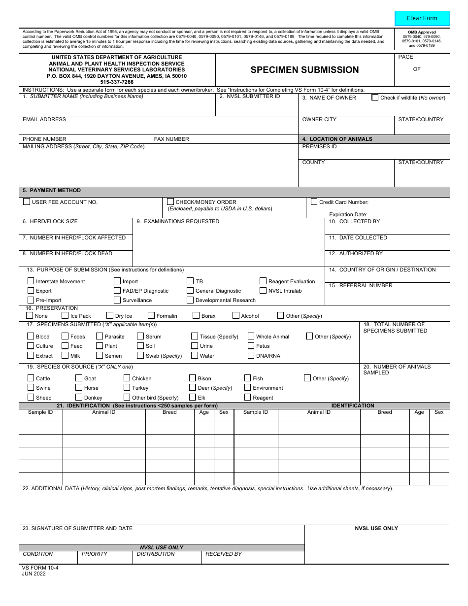 Vs Form 10-4 Download Fillable Pdf Or Fill Online Specimen Submission 