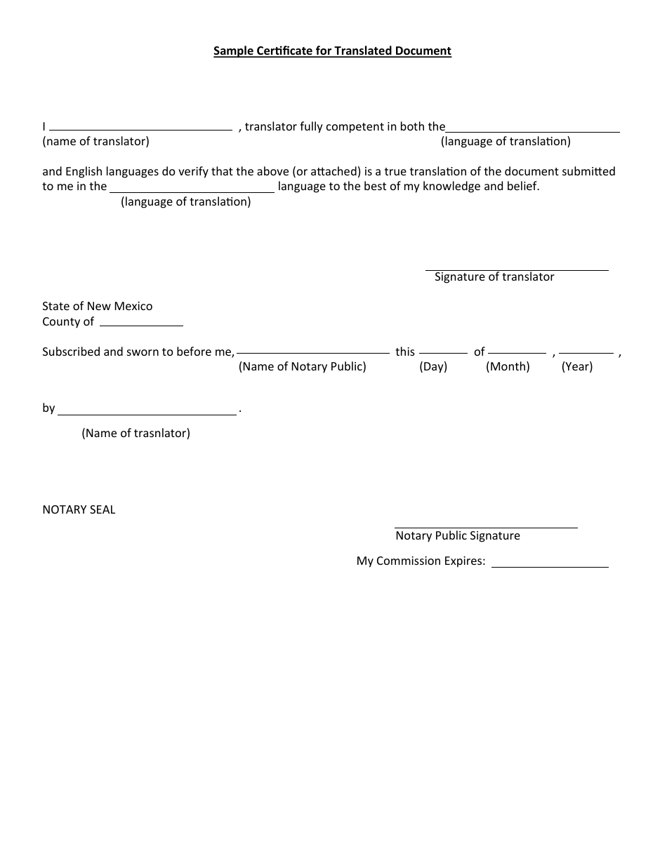Sample Certificate for Translated Document - New Mexico, Page 1