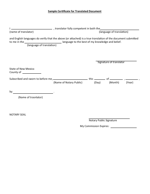 Sample Certificate for Translated Document - New Mexico Download Pdf
