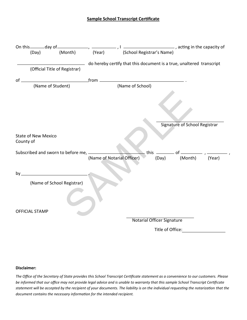 School Transcript Certificate - Sample - New Mexico, Page 1