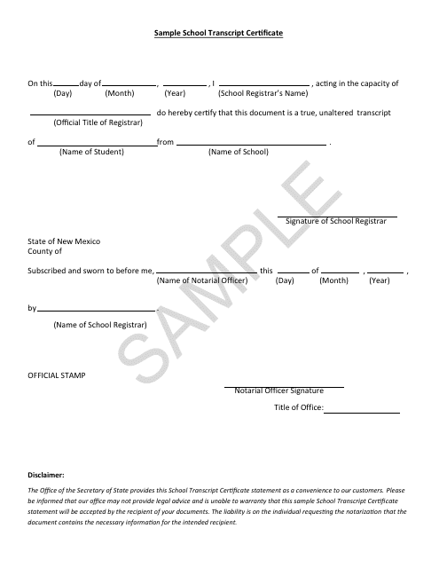School Transcript Certificate - Sample - New Mexico Download Pdf
