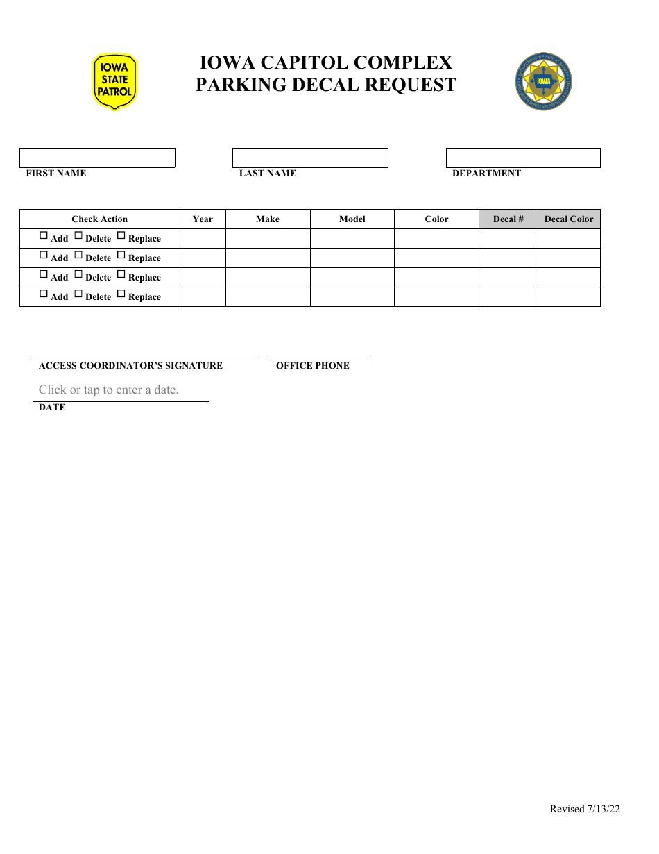 Iowa Capitol Complex Parking Decal Request - Iowa, Page 1