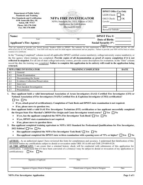 NFPA Fire Investigator Application for Certification - Oregon Download Pdf