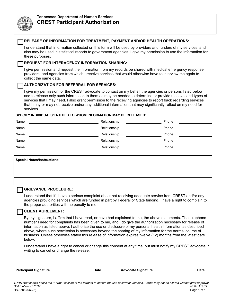 Form HS-3506 Crest Participant Authorization - Tennessee, Page 1