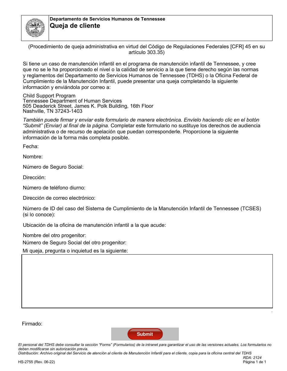 Formulario HS-2755 Queja De Cliente - Tennessee (Spanish), Page 1