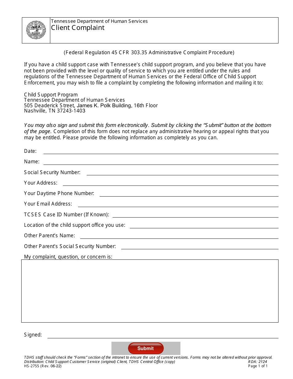 Form HS-2755 Client Complaint - Tennessee, Page 1