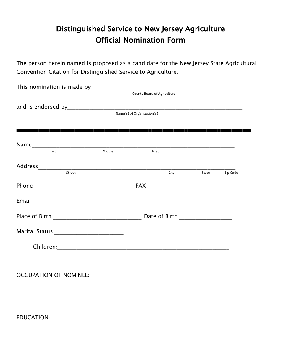 Distinguished Service to New Jersey Agriculture Official Nomination Form - New Jersey, Page 1