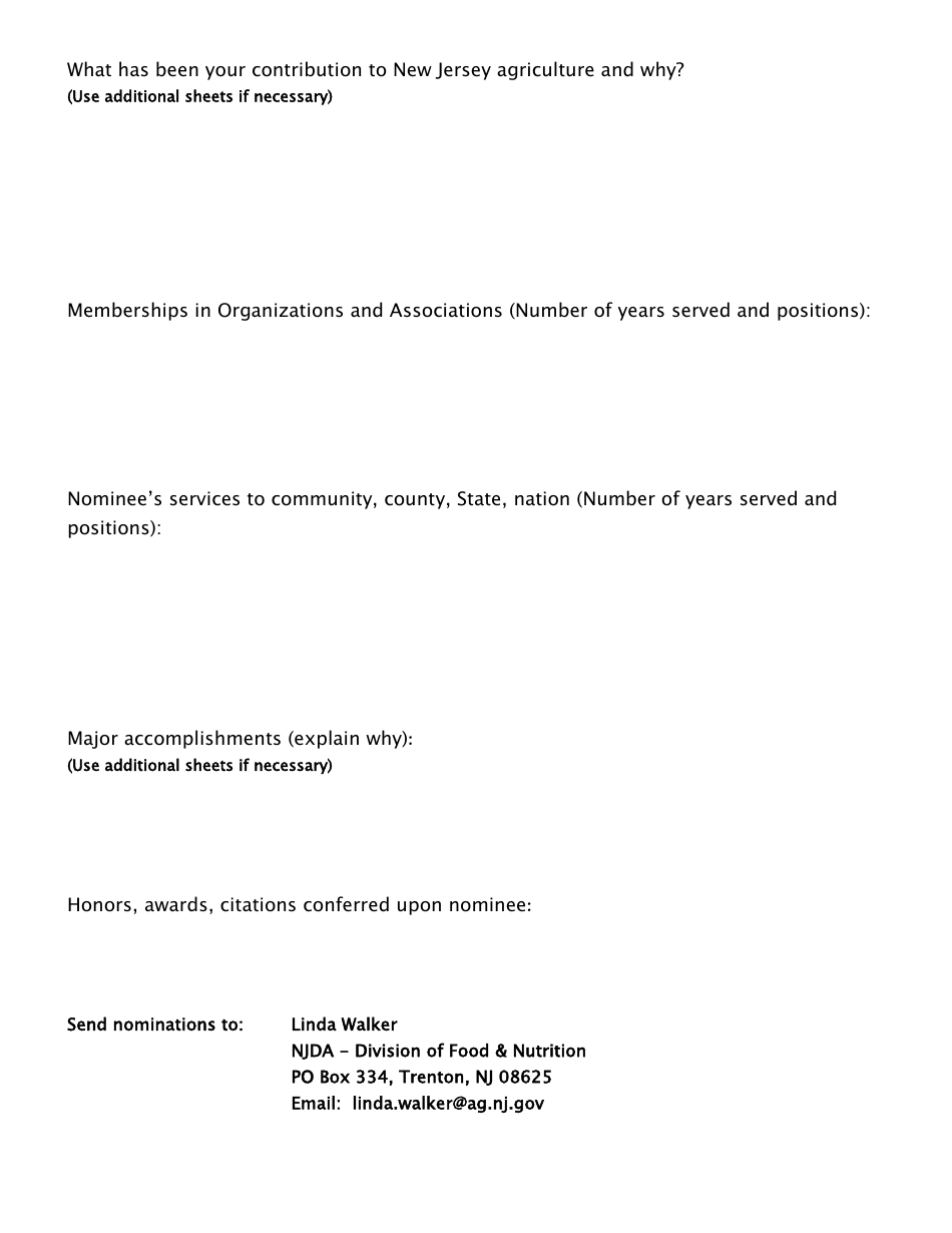Distinguished Service to New Jersey Agriculture Official Nomination Form - New Jersey, Page 2