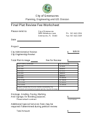 Document preview: Final Plat Review Fee Worksheet - City of Greenacres, Florida