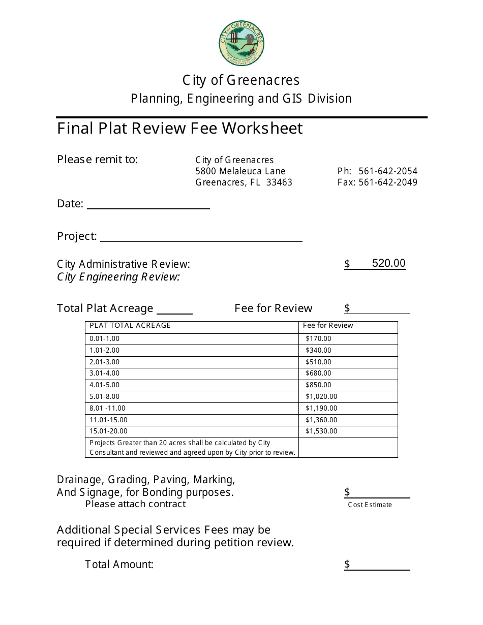 Final Plat Review Fee Worksheet - City of Greenacres, Florida, Page 1