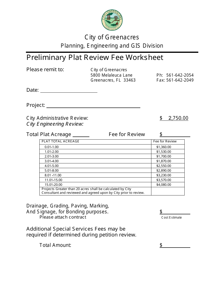 Preliminary Plat Review Fee Worksheet - City of Greenacres, Florida, Page 1