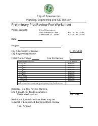 Document preview: Preliminary Plat Review Fee Worksheet - City of Greenacres, Florida