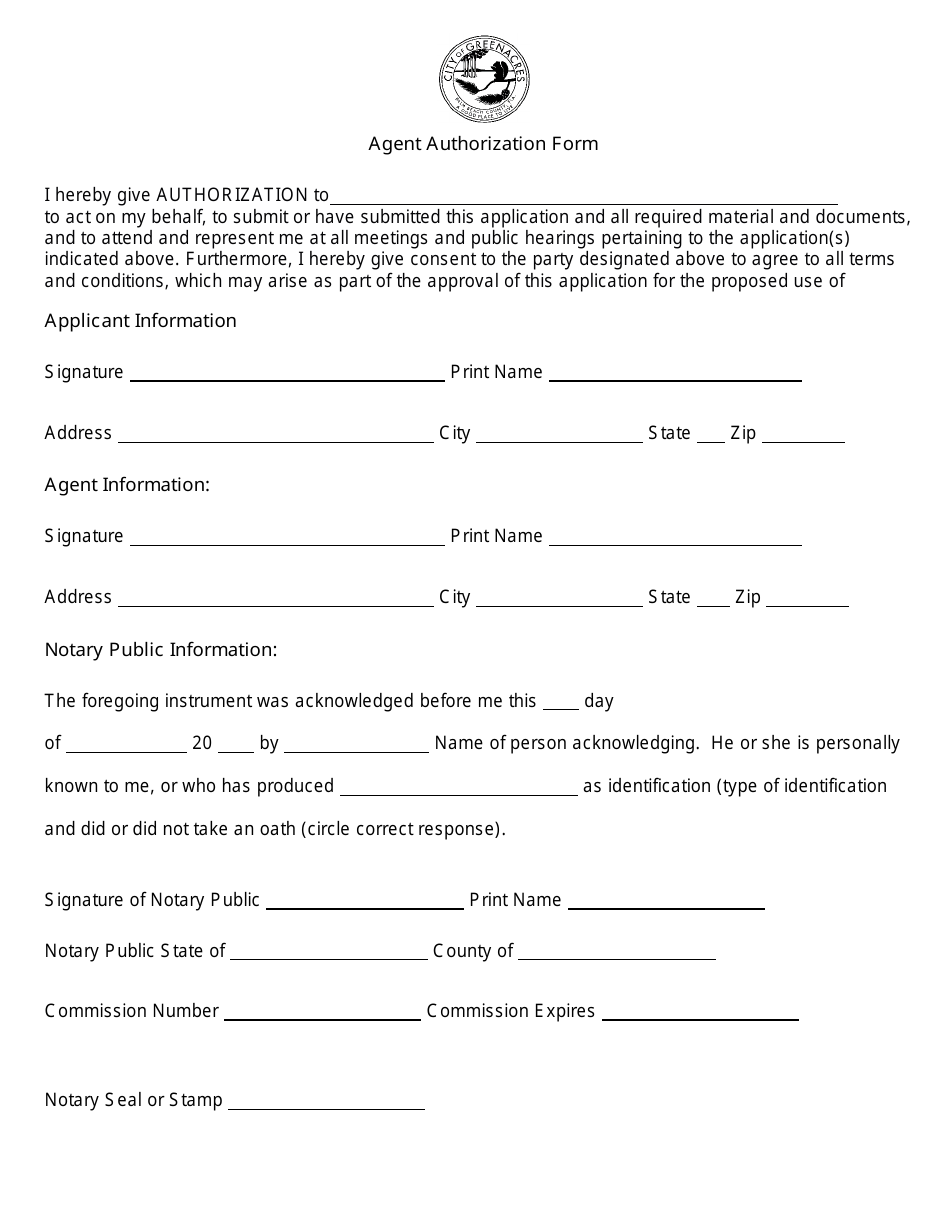 Agent Authorization Form - City of Greenacres, Florida, Page 1