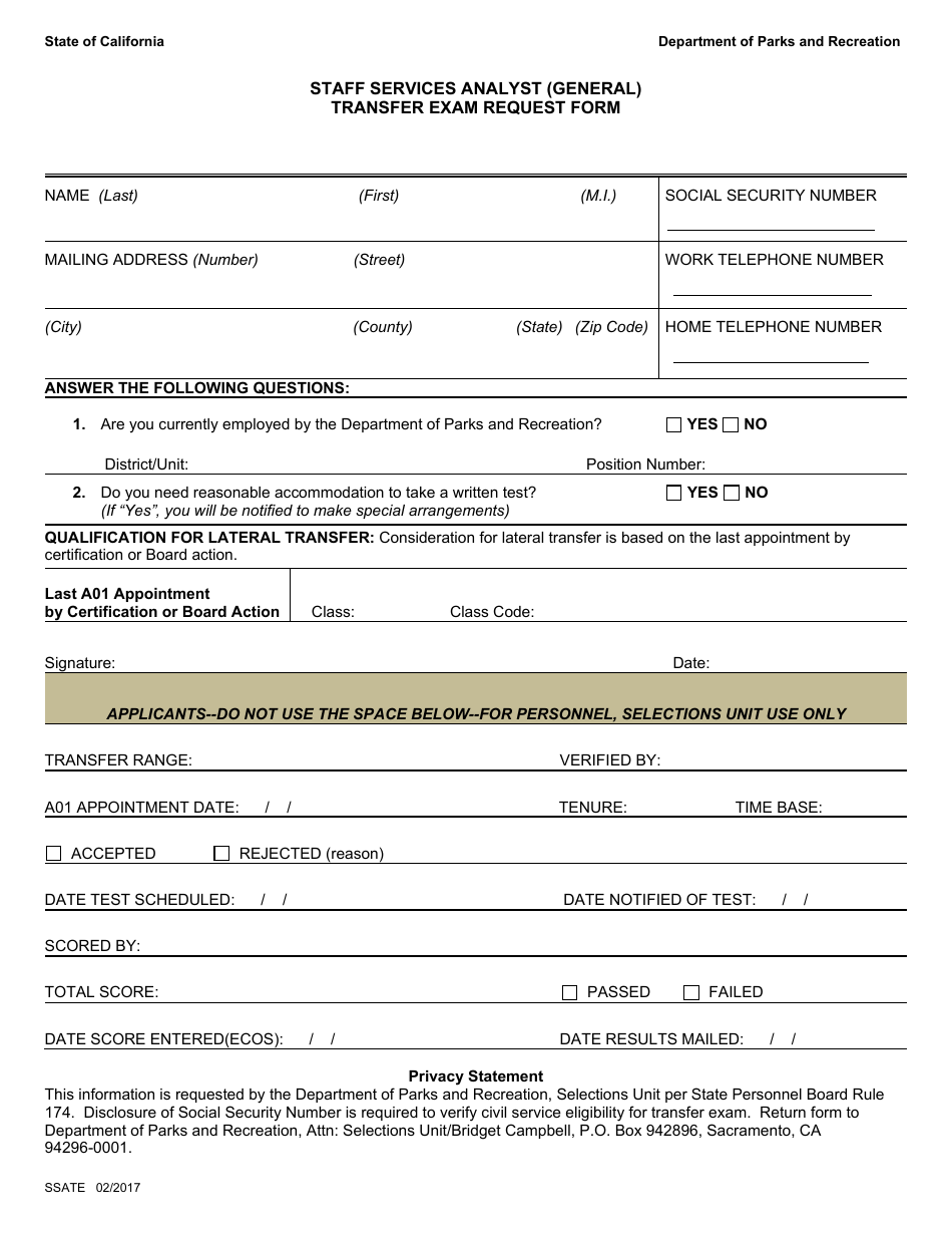 Staff Services Analyst (General) Transfer Exam Request Form - California, Page 1