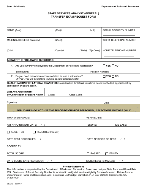 Staff Services Analyst (General) Transfer Exam Request Form - California Download Pdf
