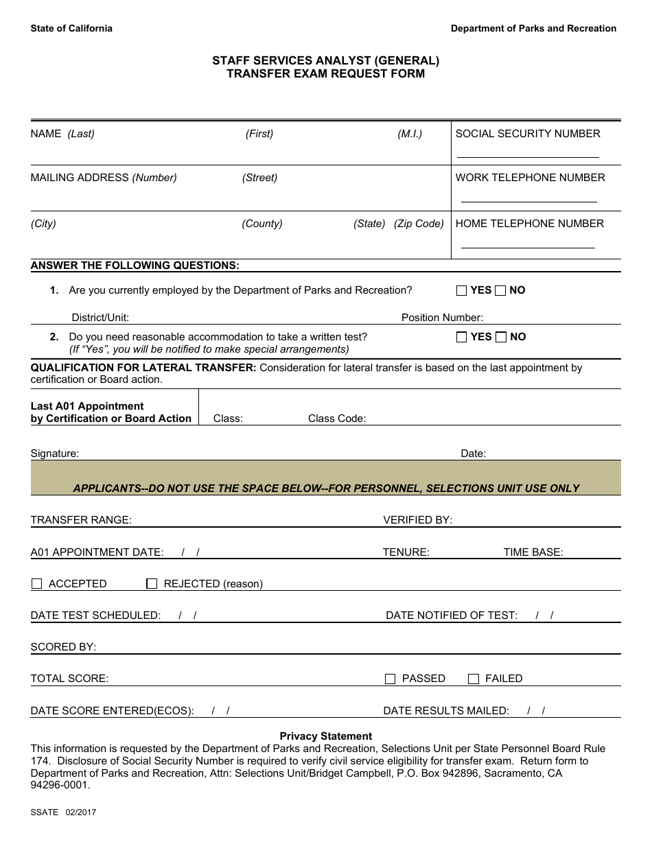 California Staff Services Analyst General Transfer Exam Request Form 