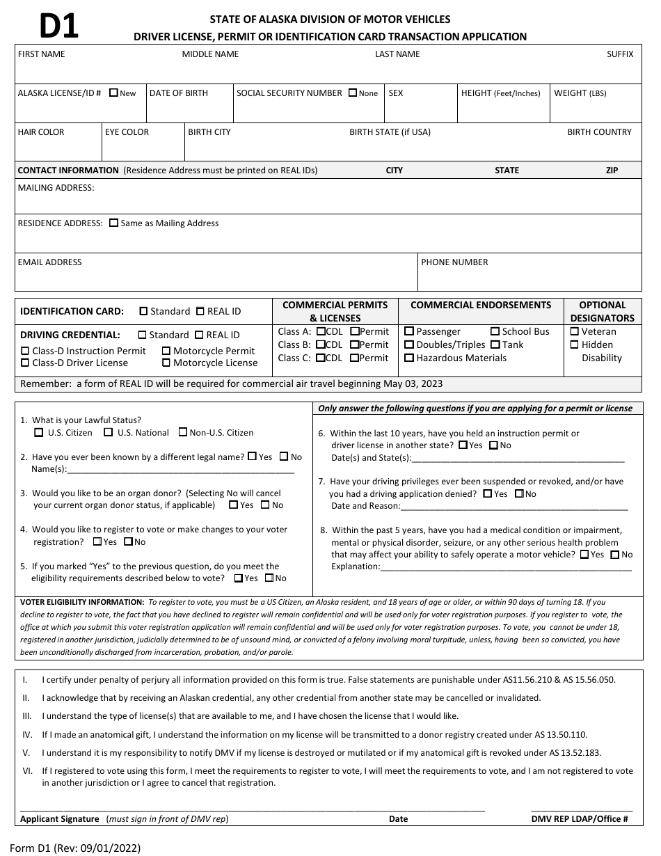 Form D1 Driver License, Permit or Identification Card Transaction Application - Alaska, Page 1