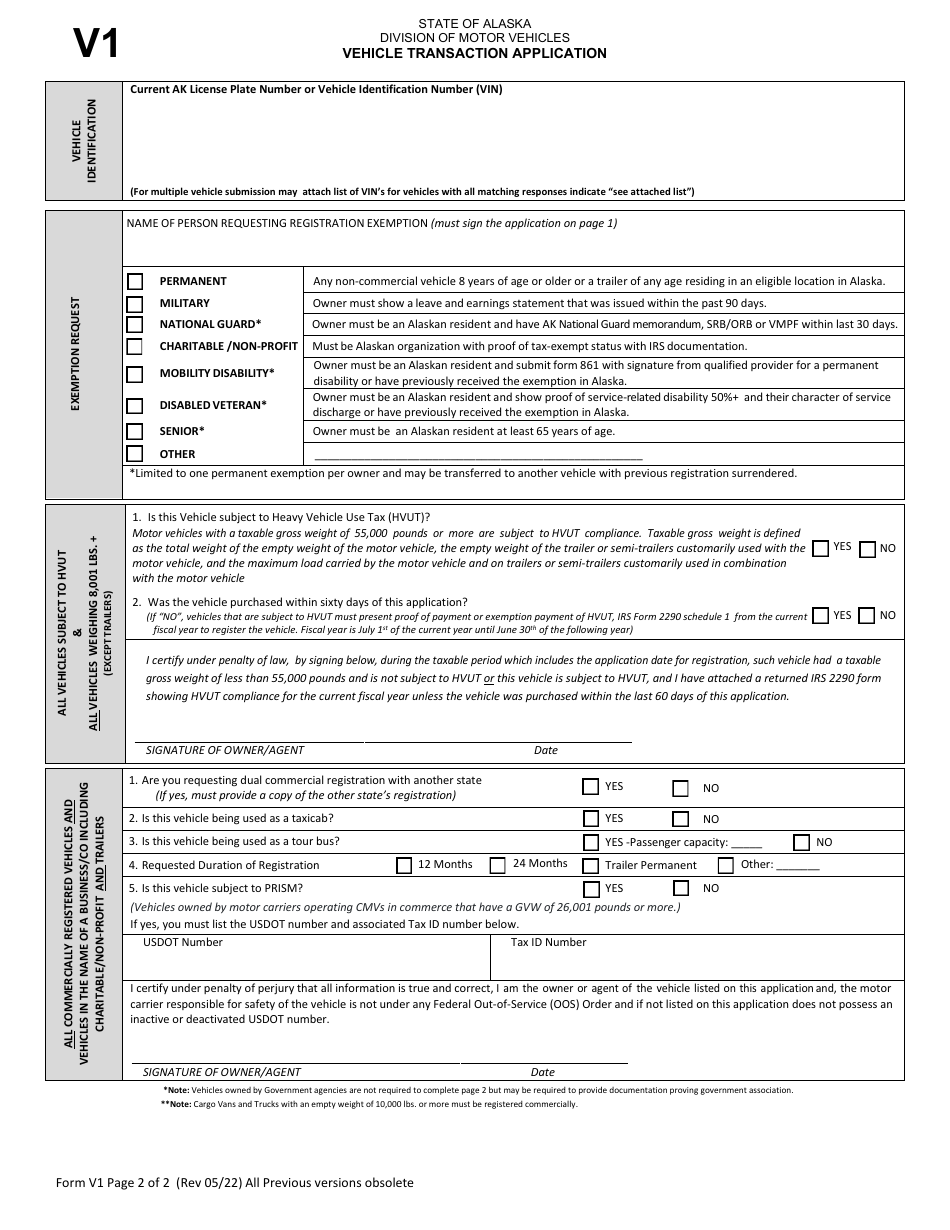 Form V1 Vehicle Transaction Application - Alaska, Page 2