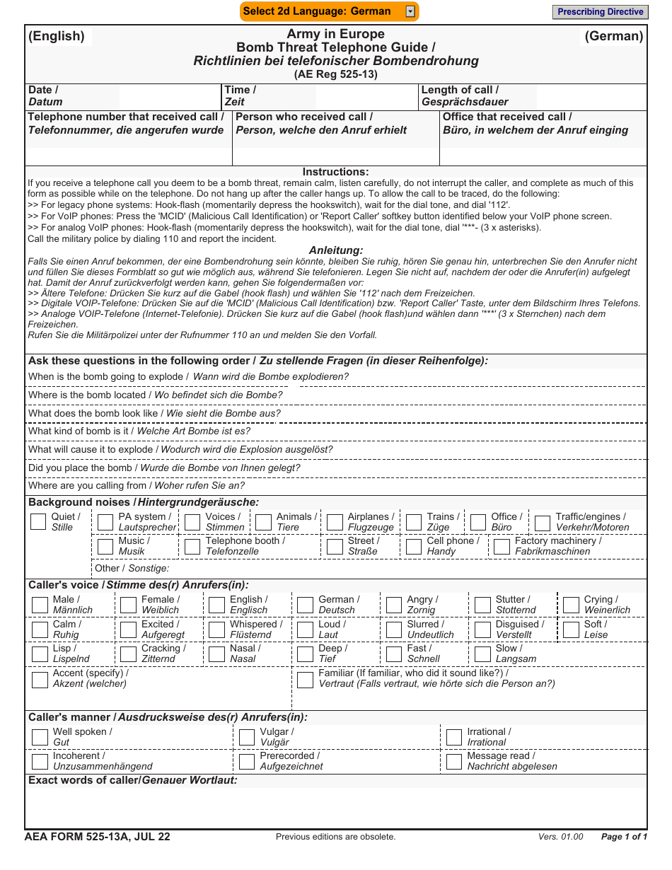 AE Form 525-13A Army in Europe Bomb Threat Telephone Guide (English / German), Page 1