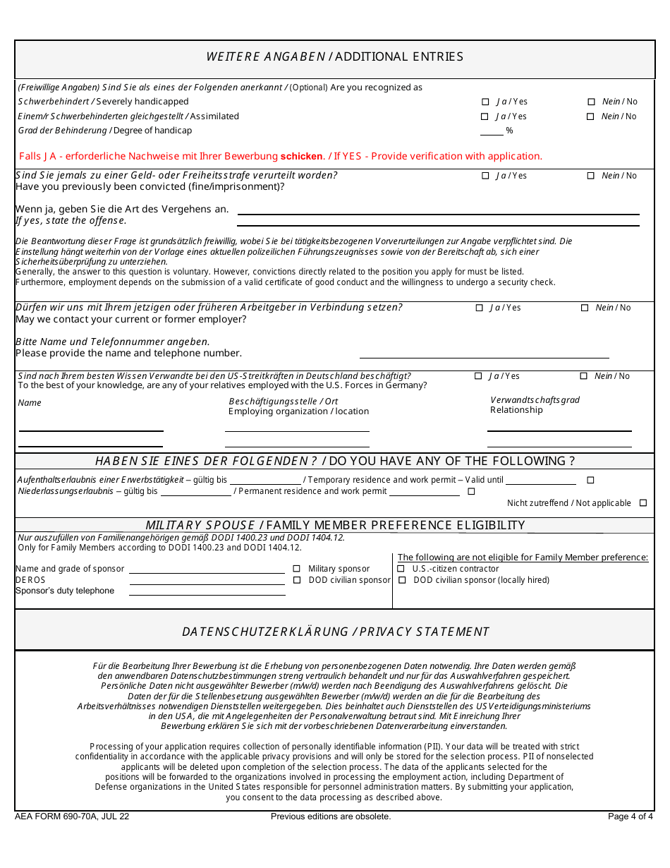 AE Form 690-70A Application (English / German), Page 4