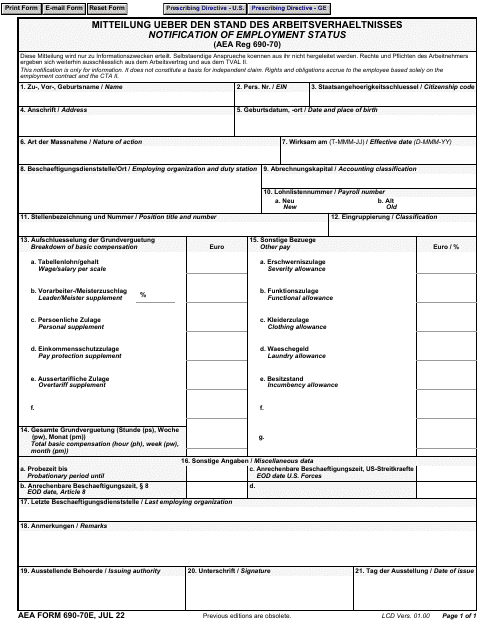 AE Form 690-70E Notification of Employment Status (English/German)