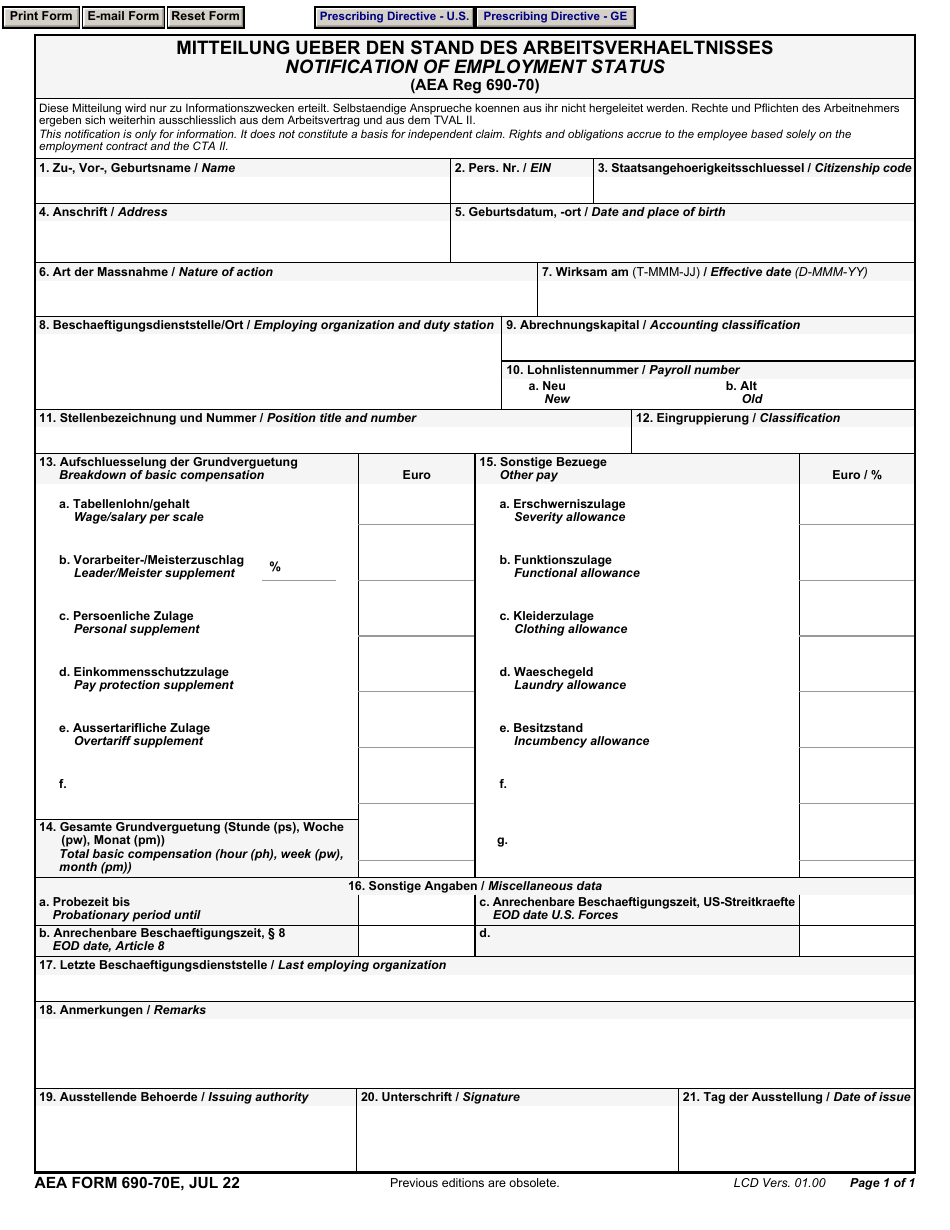 AE Form 690-70E Notification of Employment Status (English / German), Page 1
