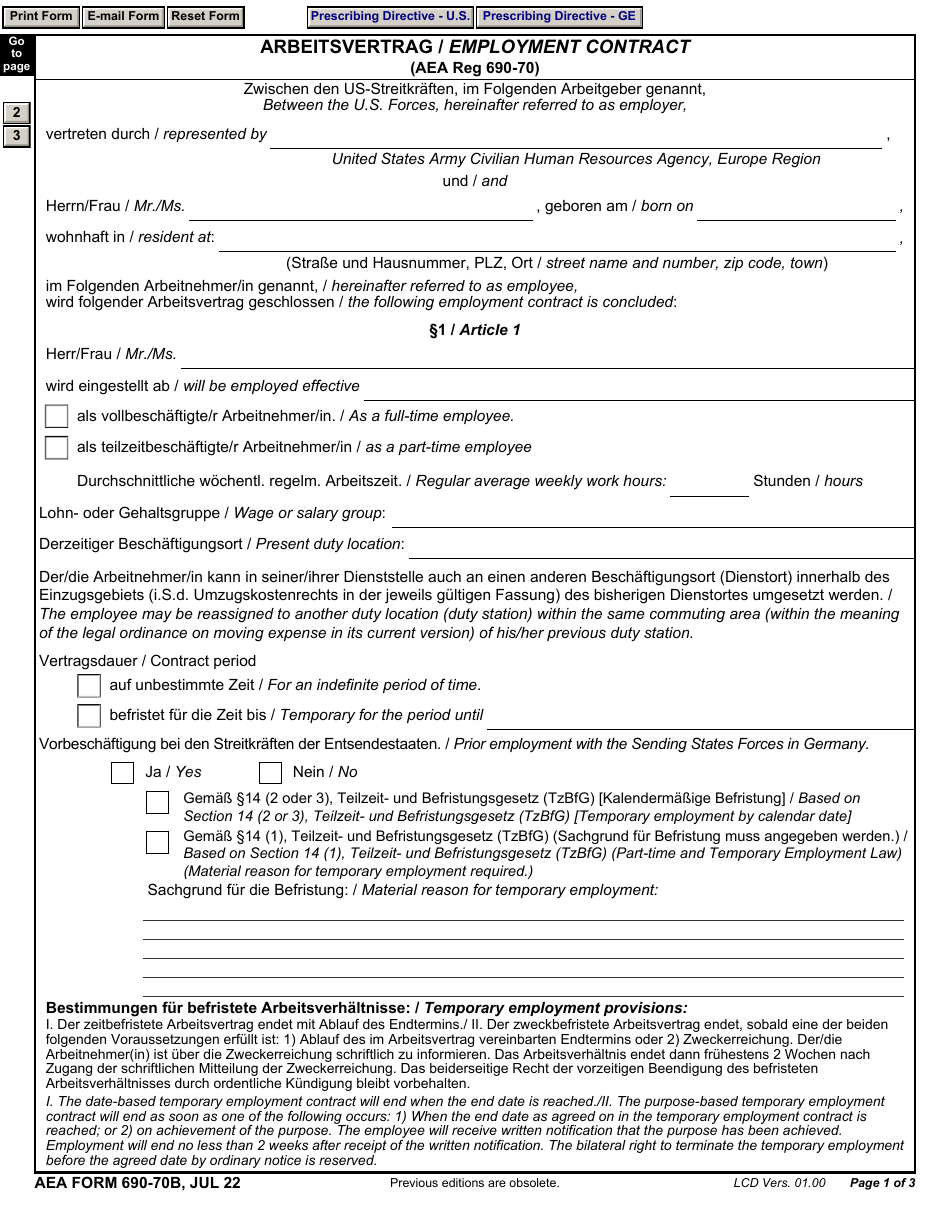 AE Form 690-70B Employment Contract (English / German), Page 1
