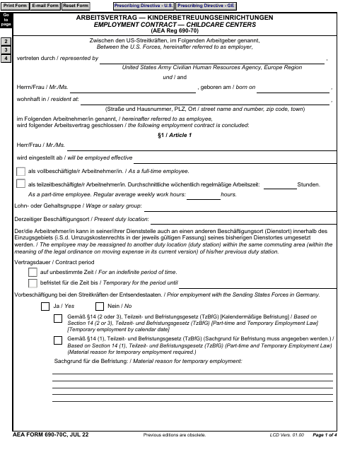 AE Form 690-70C Employment Contract - Childcare Centers (English/German)