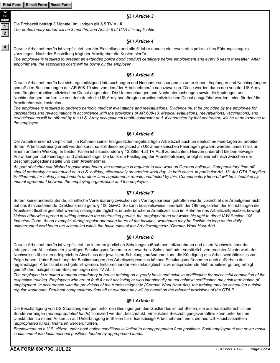 AE Form 690-70C Employment Contract - Childcare Centers (English / German), Page 3