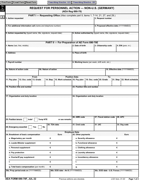 AE Form 690-70F Request for Personnel Action - Non-U.S. (Germany)