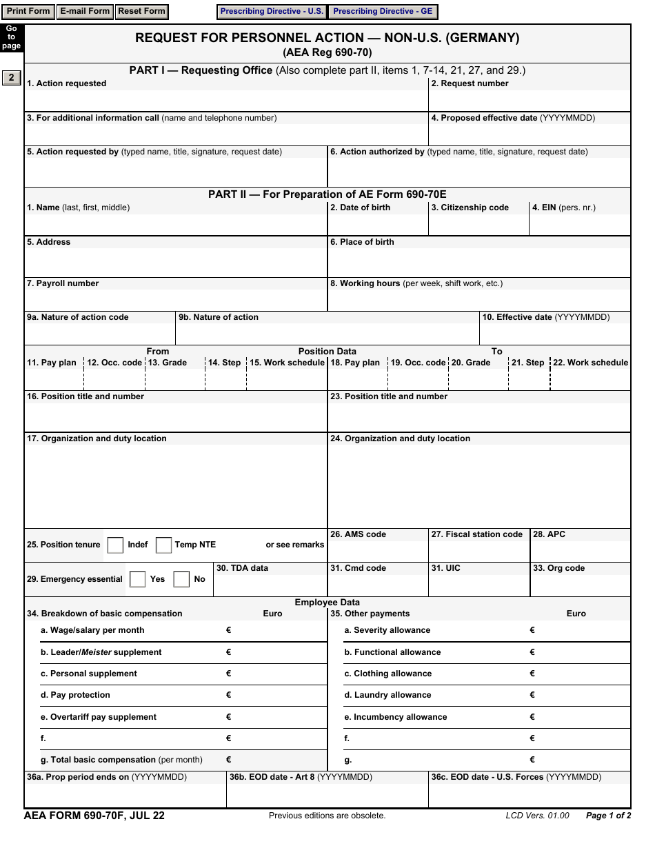 AE Form 690-70F Request for Personnel Action - Non-U.S. (Germany), Page 1