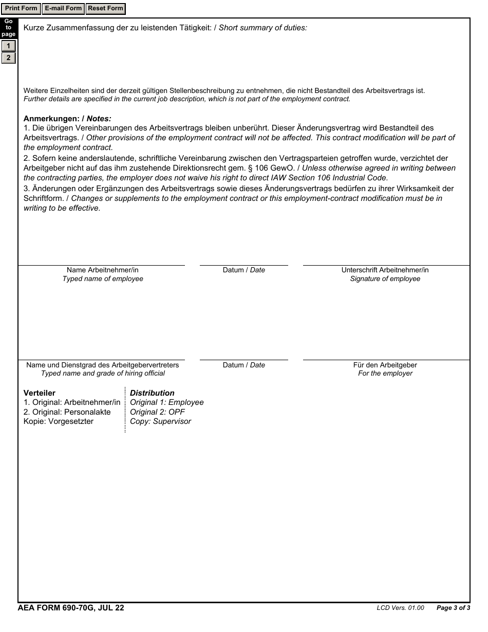 AE Form 690-70G Employment Contract Modification (English / German), Page 3