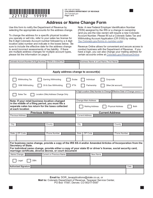 Form DR1102 Address or Name Change Form - Colorado