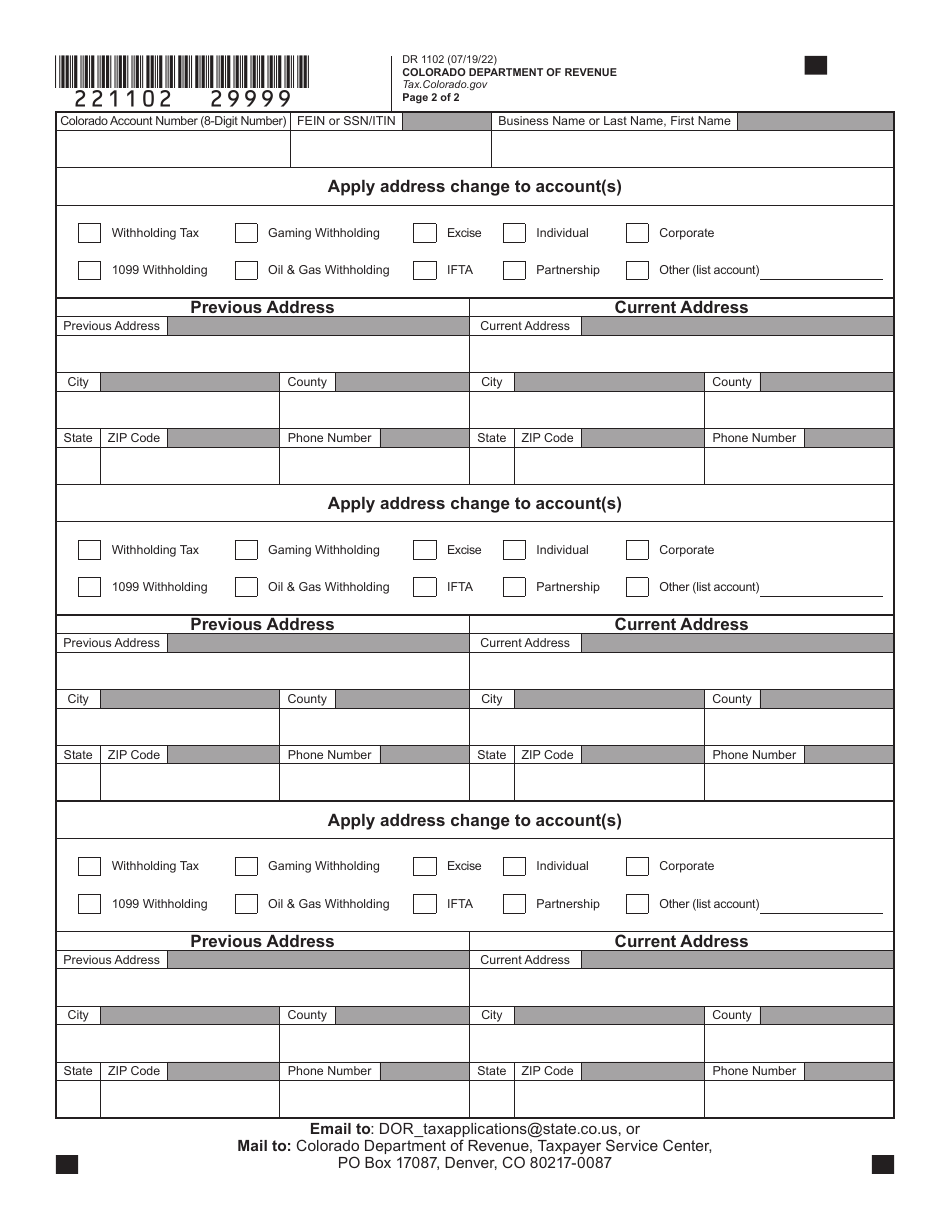Form DR1102 Address or Name Change Form - Colorado, Page 2