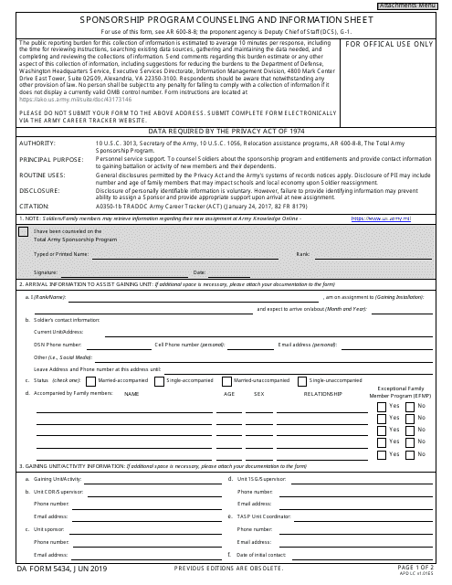 DA Form 5434 Sponsorship Program Counseling and Information Sheet