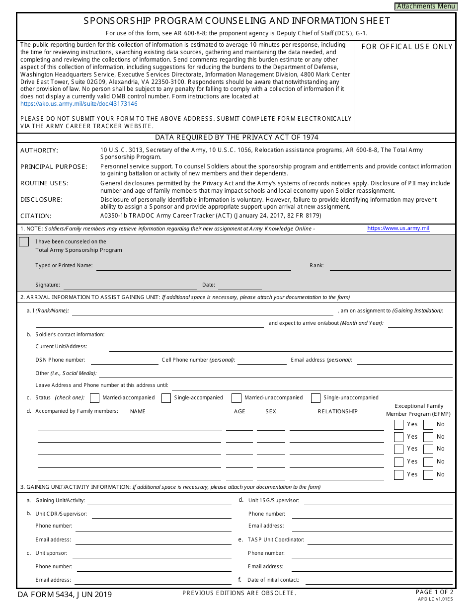 DA Form 5434 Sponsorship Program Counseling and Information Sheet, Page 1