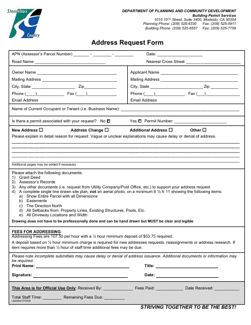 Address Request Form - Stanislaus County, California Download Pdf