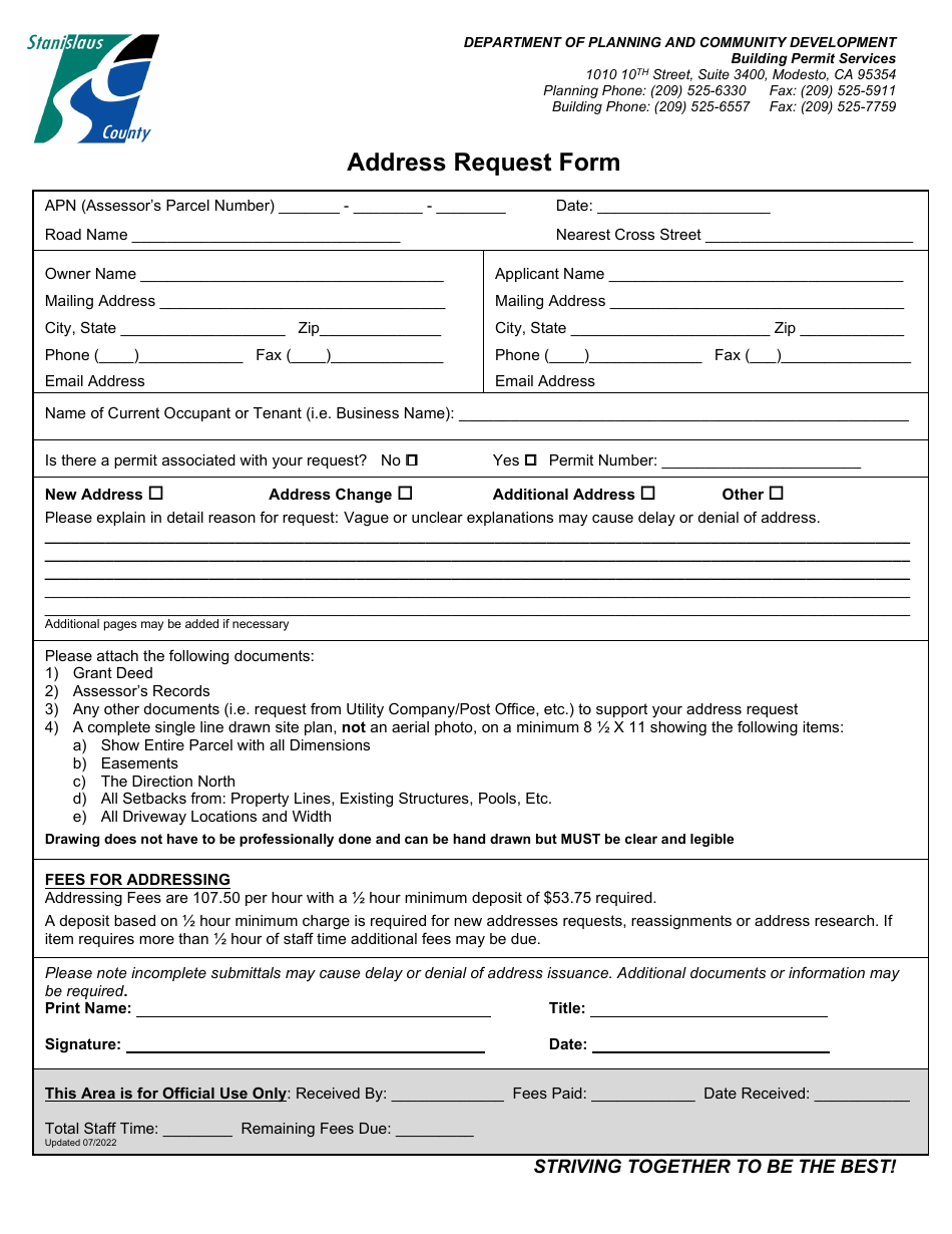 Address Request Form - Stanislaus County, California, Page 1