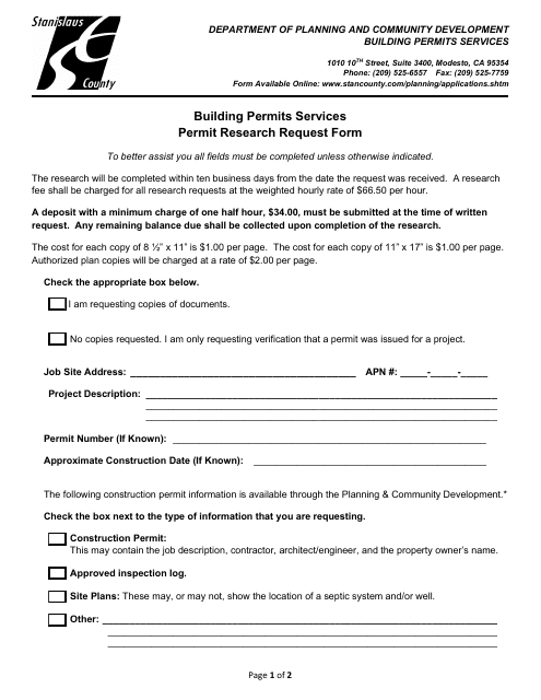 Building Permits Services Permit Research Request Form - Stanislaus County, California Download Pdf