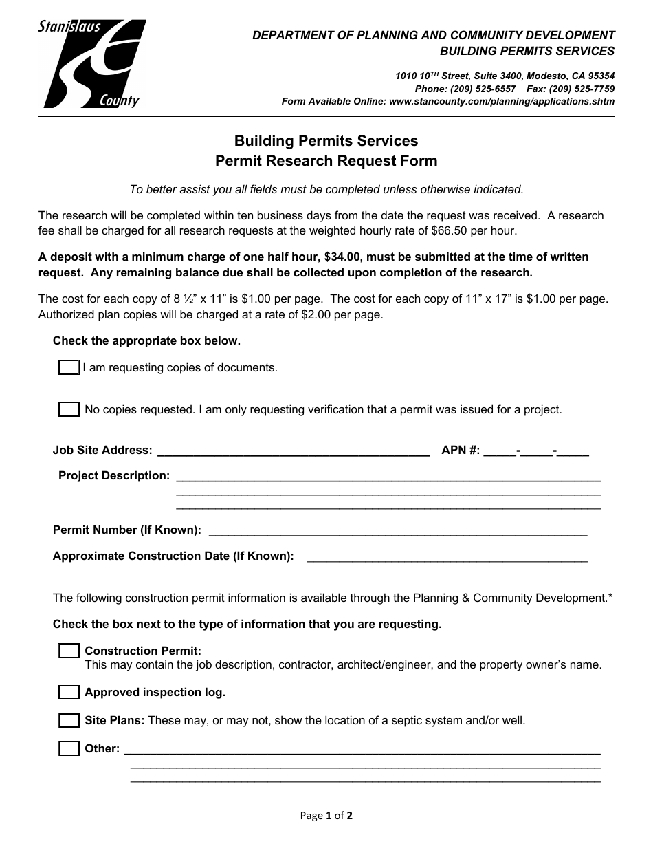 Building Permits Services Permit Research Request Form - Stanislaus County, California, Page 1