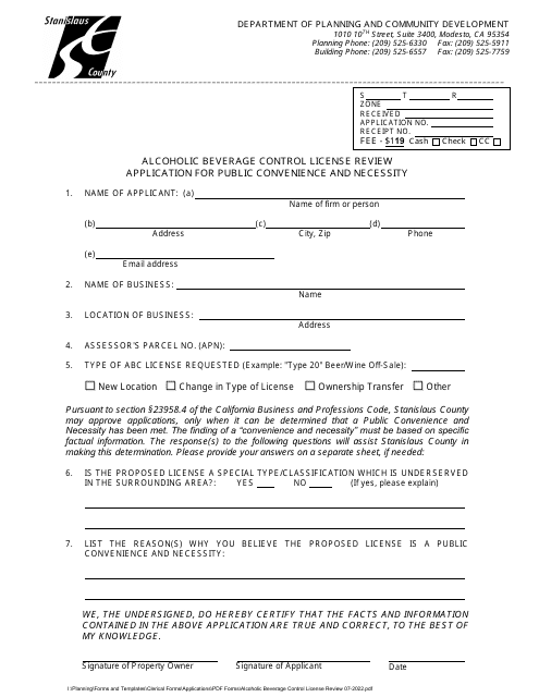 Alcoholic Beverage Control License Review Application for Public Convenience and Necessity - Stanislaus County, California Download Pdf