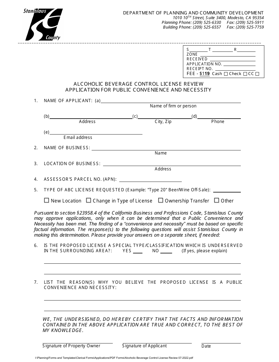 Alcoholic Beverage Control License Review Application for Public Convenience and Necessity - Stanislaus County, California, Page 1