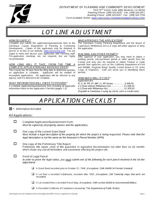 Lot Line Adjustment Application - Stanislaus County, California Download Pdf