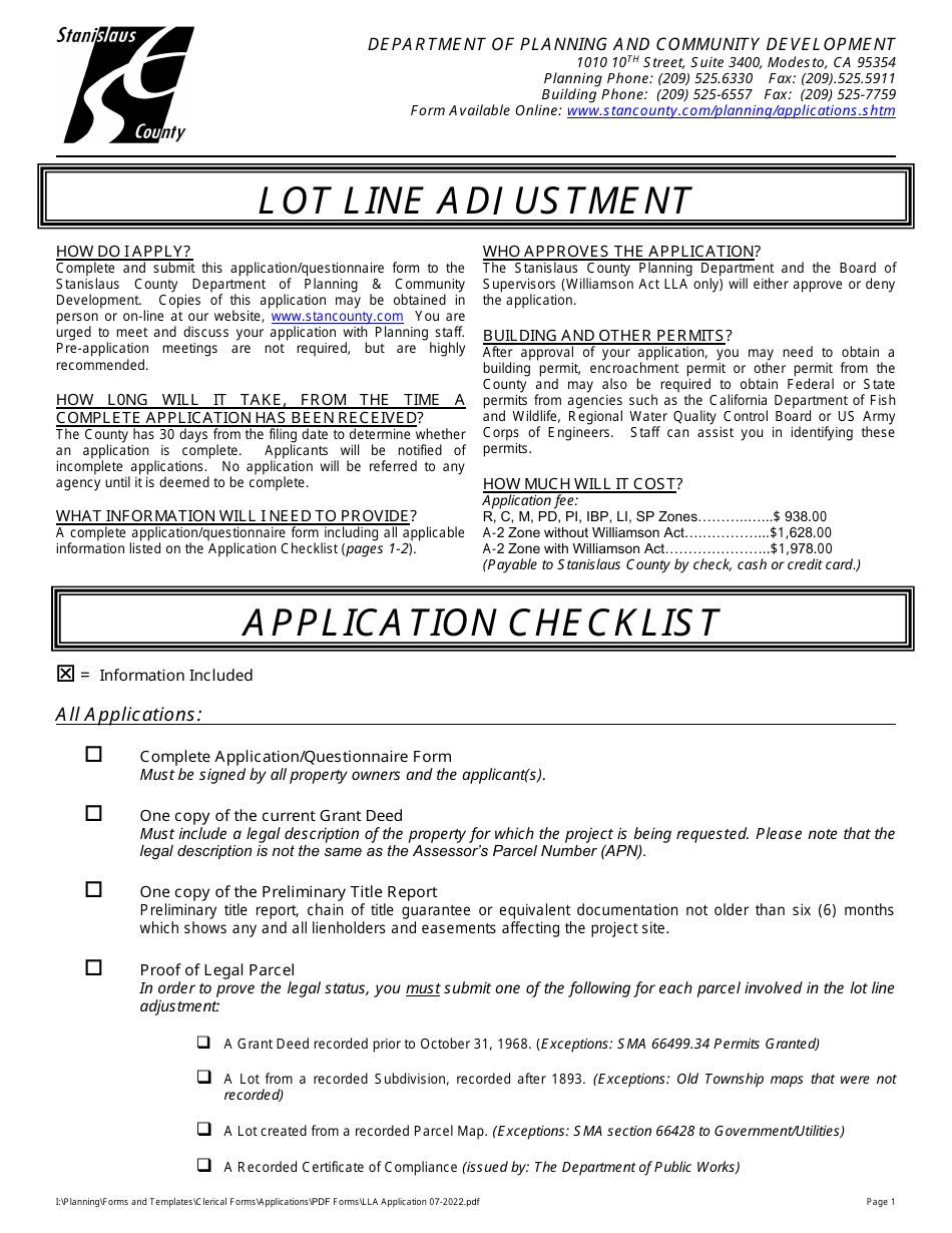 Lot Line Adjustment Application - Stanislaus County, California, Page 1